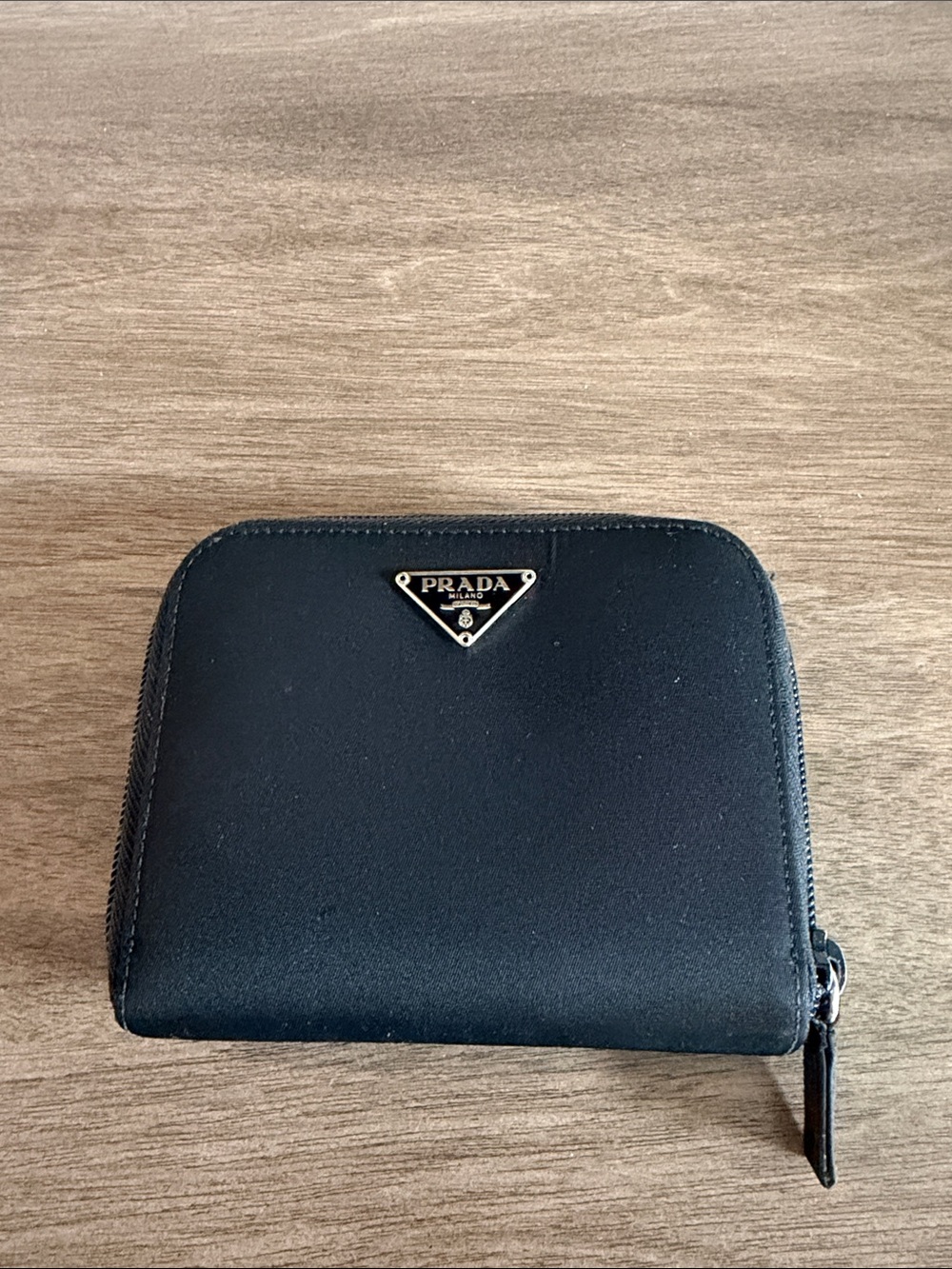 Prada Bifold  Black Zip-Around Card Wallet with Silver Triangle Emblem